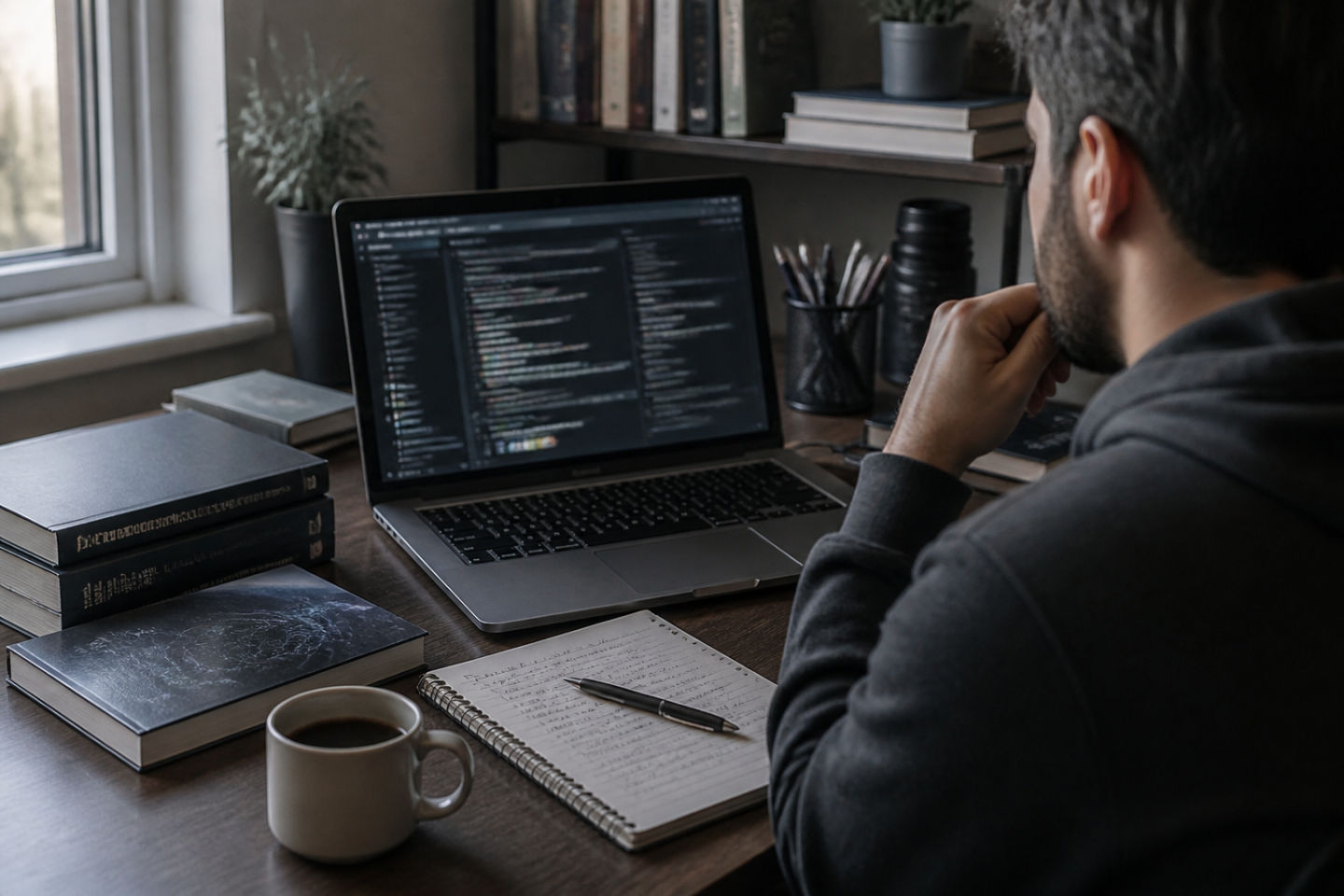 individual examining dark web resources in a home office