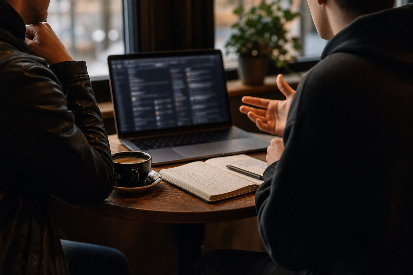 two people discussing dark web safety in cafe