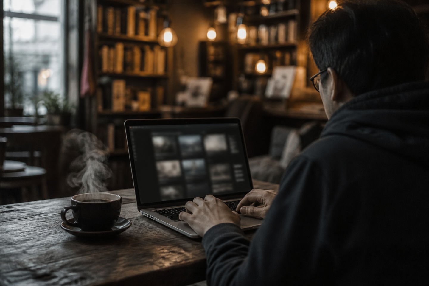 user analyzing dark web resources in a cafe