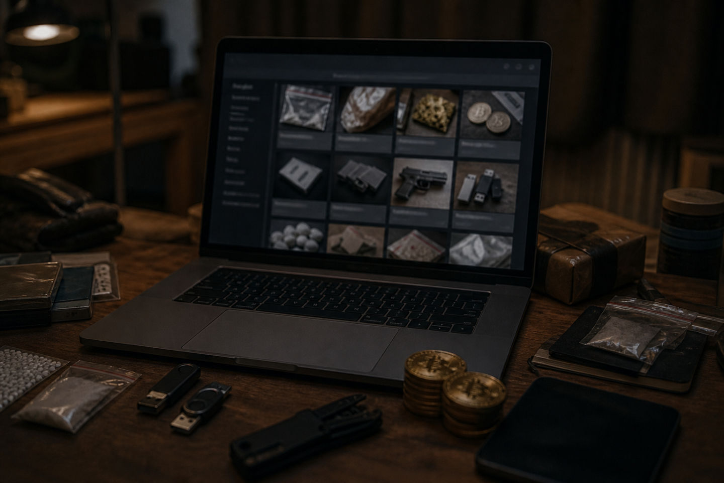 dark web marketplace goods on a desk