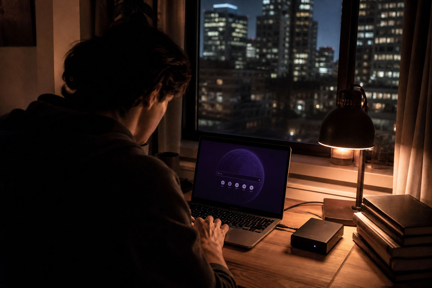 individual working on laptop in dim room