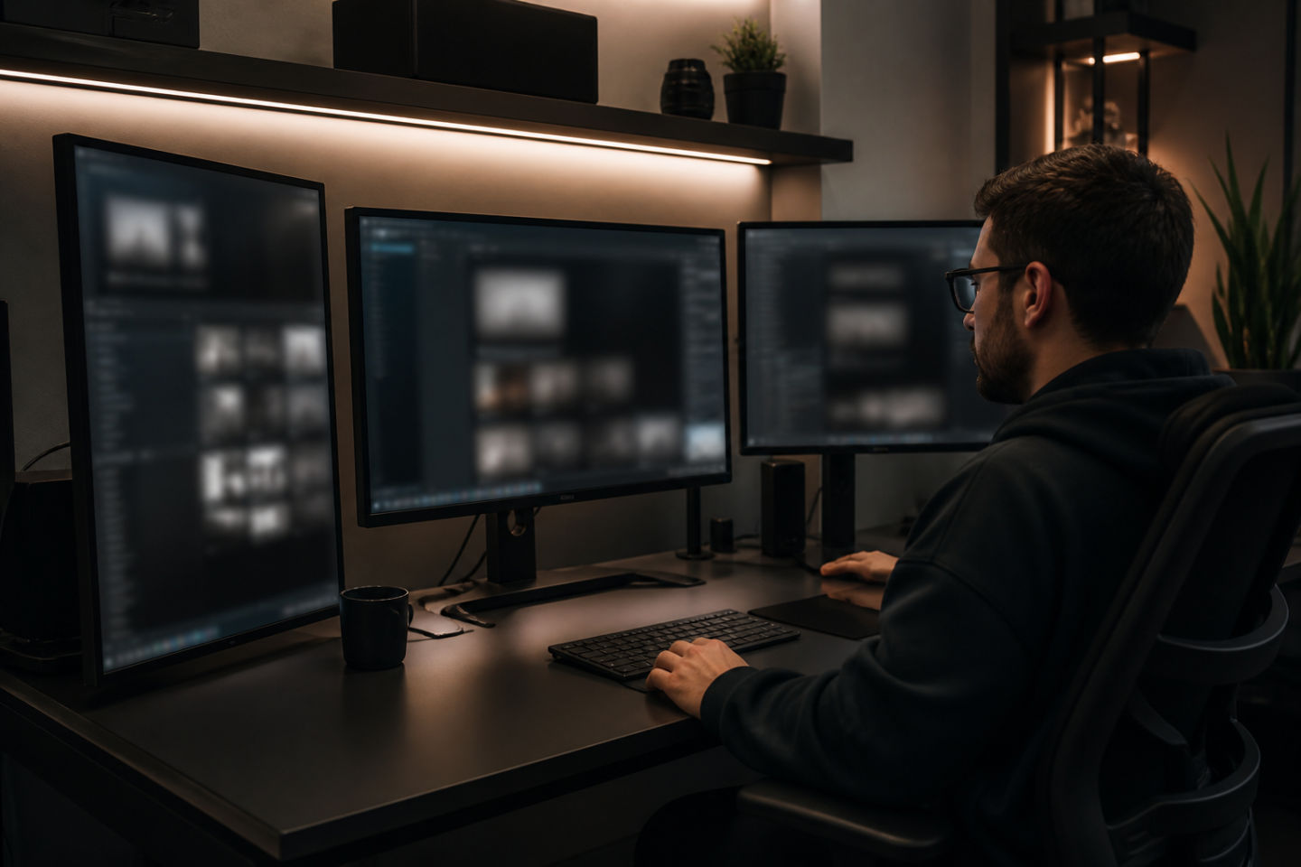 user researching dark web browsers on multiple monitors