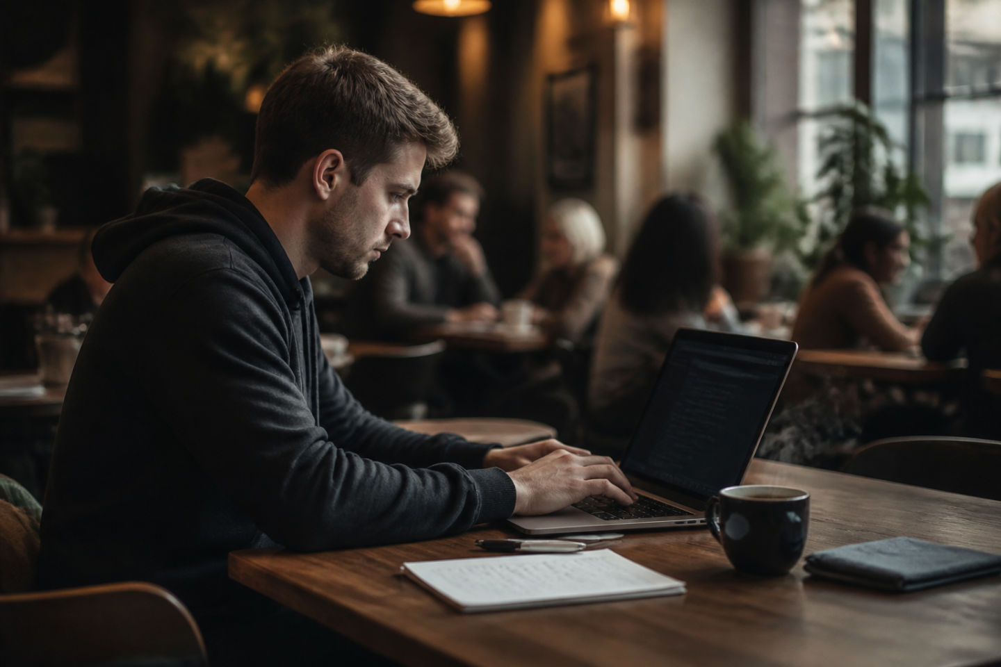 person analyzing dark web resources in coffee shop