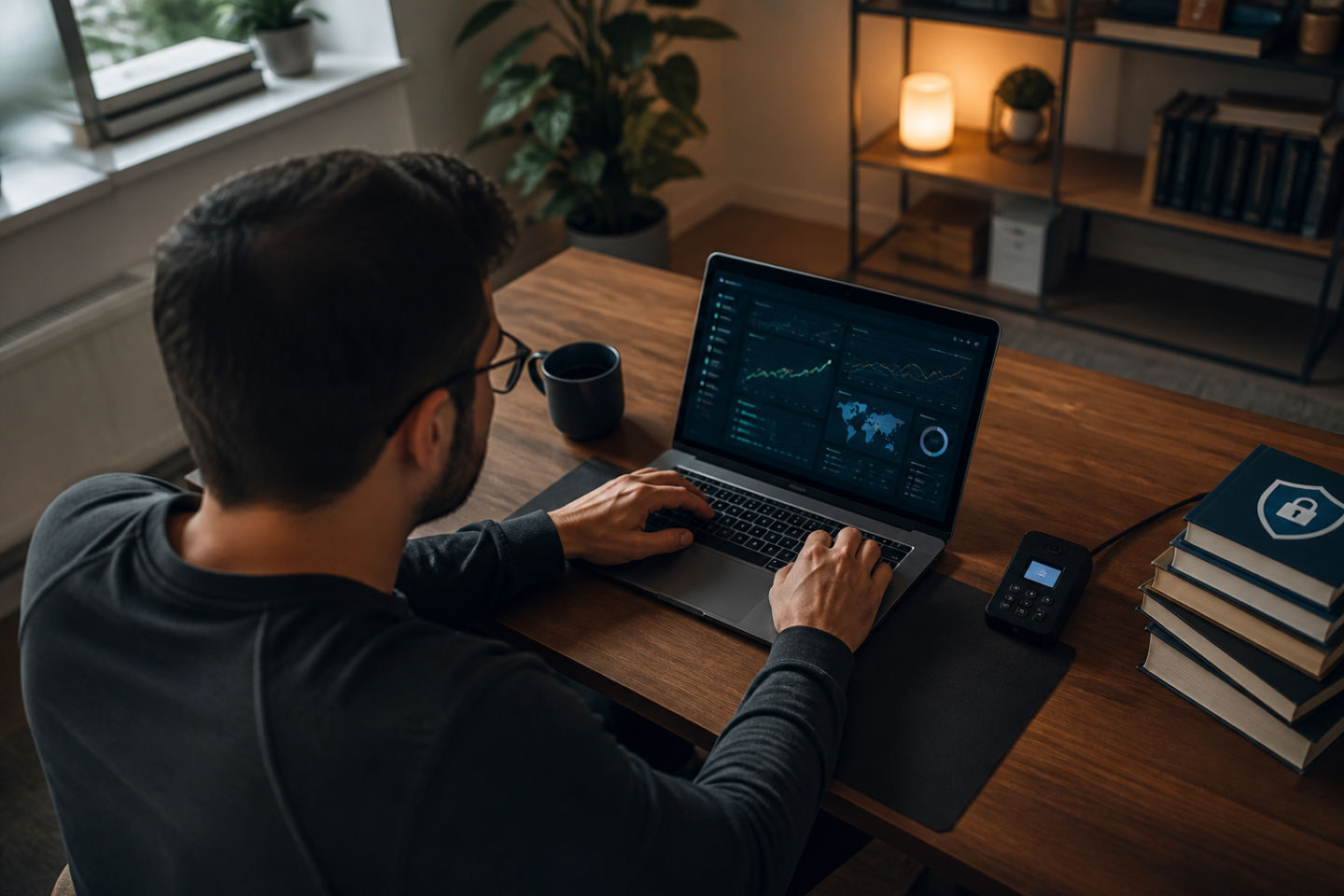 individual assessing email security in home office