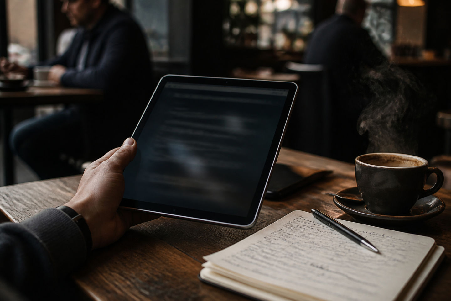 person studying dark web addresses at a cafe