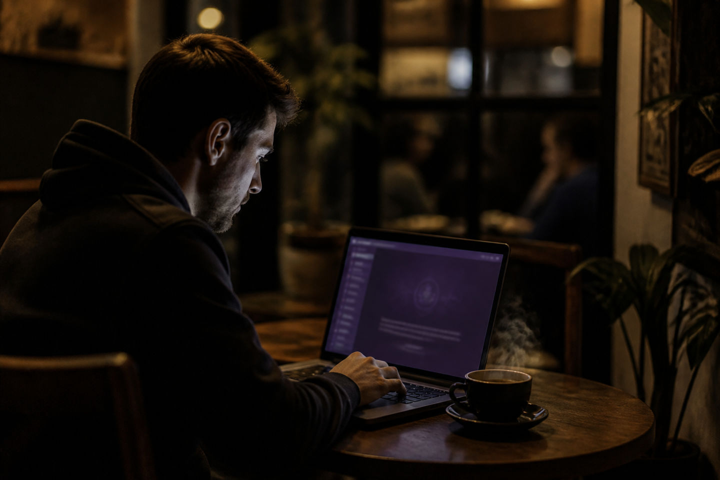 individual working on laptop in cafe