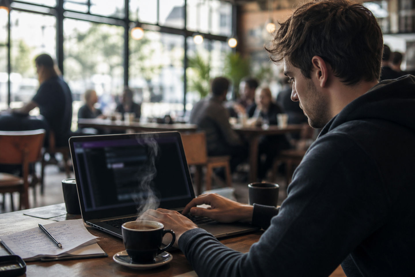 person working on laptop in a cafe